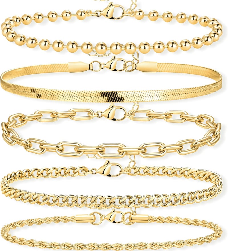 Poxtex Gold Bracelets Set for Women Stack, Dainty Thick Bracelets Stack for Women Trendy, Simple Thin Gold Plated Cuff Stackable Bracelets With Beaded Cuban Paperclip Snake Rope Bangle Hand Chain Jewelry Gifts for Women Non Tainish - Image 1